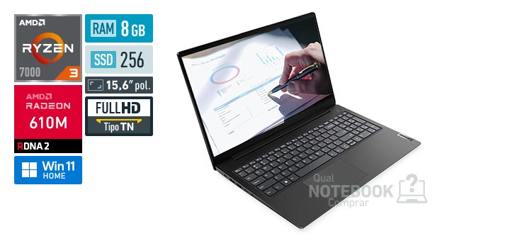Lenovo V15 83UY0004BO Ryzen 3 7320U Serie 7000 Radeon 610M Windows 11 Home RAM 8 GB SSD 256 GB Tela LED 15-6 polegadas Full HD TN Garantia 1 ano