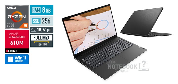 Lenovo V15 83UY0006BO Ryzen 5 7520U Serie 7000 Radeon 610M Windows 11 Home RAM 8 GB SSD 256 GB Tela LED 15-6 polegadas Full HD TN Garantia 1 ano