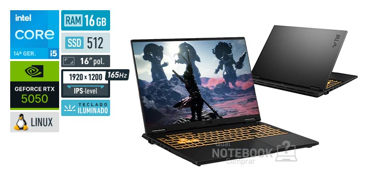 ASUS TUF Gaming F16 FX608JHR-RV257 Core i5-14450HX 14a geracao GeForce RTX 5050 Linux RAM 16 GB SSD 512 GB Tela LED 16 polegadas WUXGA IPS-level 165 Hz Teclado iluminado