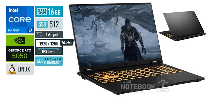 ASUS TUF Gaming F16 FX608JHR-RV290 Core i7-14650HX 14a geracao GeForce RTX 5050 Linux RAM 16 GB SSD 512 GB Tela LED 16 polegadas WUXGA IPS-level 165 Hz Teclado iluminado