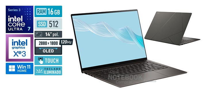 ASUS Zenbook S 14 UX5406AA-SU308W Core Ultra 7-355 Serie 3 Graphics 4 Xe3 iGPU Windows 11 Home RAM 16 GB SSD 512 GB Tela OLED 14 polegadas touch 2880 x 1800 px 120 Hz Teclado iluminado