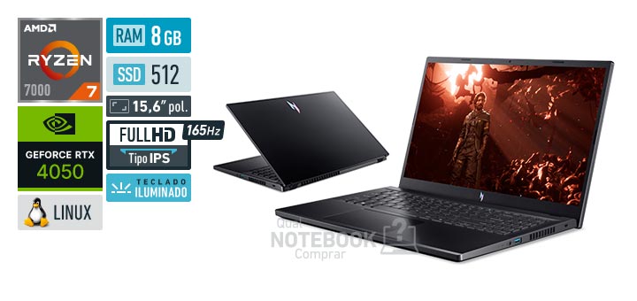 Acer Aspire Nitro V15 ANV15-41-R6J0 Ryzen 7 7735HS Serie 7000 GeForce RTX 4050 Linux RAM 8 GB SSD 512 GB Tela LED 15-6 polegadas Full HD IPS 165 Hz Teclado iluminado Garantia 1 ano