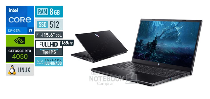Acer Aspire Nitro V15 ANV15-52-778T Core i7-13620H 13a geracao GeForce RTX 4050 Linux RAM 8 GB SSD 512 GB Tela LED 15-6 polegadas Full HD IPS 165 Hz Teclado iluminado Garantia 1 ano