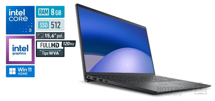 Dell 15 DC15-C3100-M20 Core 3-100U Serie 1 Graphics 64 EUs Windows 11 Home RAM 8 GB SSD 512 GB Tela LED 15-6 polegadas Full HD WVA 120 Hz Garantia 1 ano