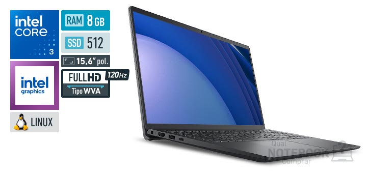 Dell 15 DC15-C3100-U20 Core 3-100U Serie 1 Graphics 64 EUs Linux RAM 8 GB SSD 512 GB Tela LED 15-6 polegadas Full HD WVA 120 Hz Garantia 1 ano