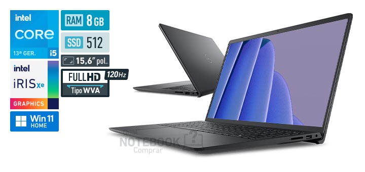 Dell 15 DC15-I51334U-M50 Core i5-1334U 13a geracao Iris Xe Graphics G7 80 EUs Windows 11 Home RAM 8 GB SSD 512 GB Tela LED 15-6 polegadas Full HD WVA 120 Hz