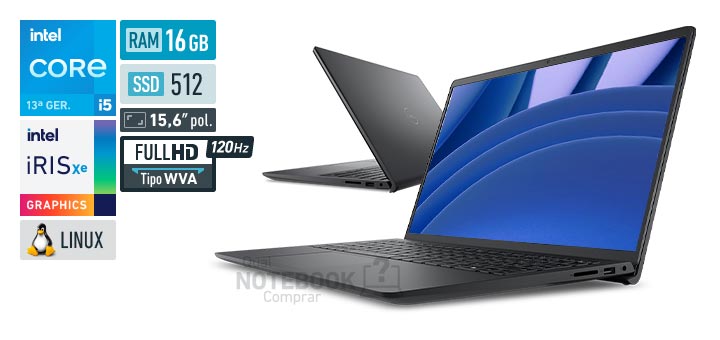 Dell 15 DC15-I51334U-U70 Core i5-1334U 13a geracao Iris Xe Graphics G7 80 EUs Linux RAM 16 GB SSD 512 GB Tela LED 15-6 polegadas Full HD WVA 120 Hz