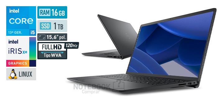 Dell 15 DC15-I51334U-U80 Core i5-1334U 13a geracao Iris Xe Graphics G7 80 EUs Linux RAM 16 GB SSD 1 TB Tela LED 15-6 polegadas Full HD WVA 120 Hz
