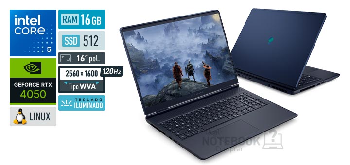 Dell Alienware 16 Aurora AC16-C5210H-D20 Core 5-210H Serie 2 GeForce RTX 4050 Linux RAM 16 GB SSD 512 GB Tela LED 16 polegadas 2560 x 1600 px WVA 120 Hz Teclado iluminado