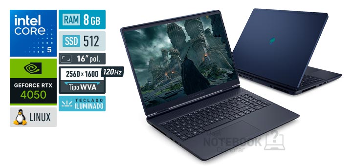 Dell Alienware 16 Aurora AC16-C5210H-U15 Core 5-210H Serie 2 GeForce RTX 4050 Linux RAM 8 GB SSD 512 GB Tela LED 16 polegadas 2560 x 1600 px WVA 120 Hz Teclado iluminado Garantia 1 ano