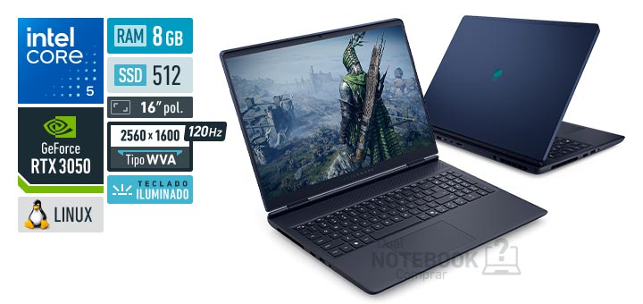 Dell Alienware 16 Aurora AC16-C5210H-U5 Core 5-210H Serie 2 GeForce RTX 3050 Linux RAM 8 GB SSD 512 GB Tela LED 16 polegadas 2560 x 1600 px WVA 120 Hz Teclado iluminado