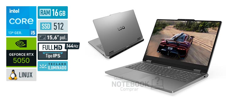 Lenovo LOQ Essential 83UXS00000 Core i5-13450HX 13a geracao GeForce RTX 5050 Linux RAM 16 GB SSD 512 GB Tela LED 15-6 polegadas Full HD IPS 144 Hz Teclado iluminado Garantia 1 ano