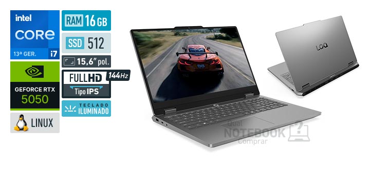 Lenovo LOQ Essential 83UXS00100 Core i7-13650HX 13a geracao GeForce RTX 5050 Linux RAM 16 GB SSD 512 GB Tela LED 15-6 polegadas Full HD IPS 144 Hz Teclado iluminado Garantia 1 ano