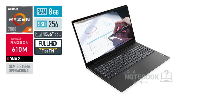 Lenovo V15 83UY000CBO Ryzen 3 7320U Serie 7000 Radeon 610M Sem sistema operacional RAM 8 GB SSD 256 GB Tela LED 15-6 polegadas Full HD TN Garantia 1 ano