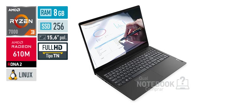 Lenovo V15 83UYS00000 Ryzen 3 7320U Serie 7000 Radeon 610M Linux RAM 8 GB SSD 256 GB Tela LED 15-6 polegadas Full HD TN Garantia 1 ano