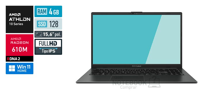 ASUS VivoBook Go 15 E1504FA-BQ5312WS Athlon Silver 10 Serie 10 Radeon 610M Windows 11 Home RAM 4 GB SSD 128 GB Tela LED 15-6 polegadas Full HD IPS Garantia 1 ano