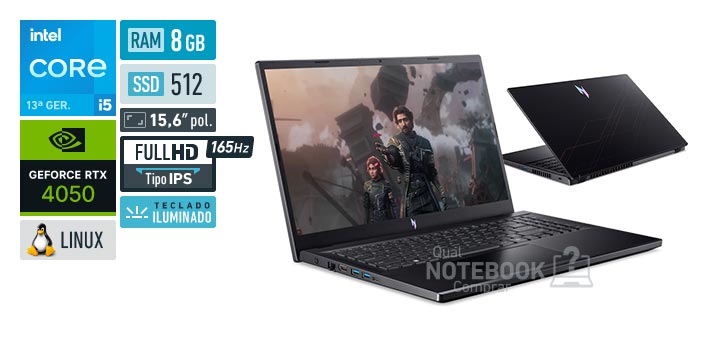 Acer Aspire Nitro V15 ANV15-52-57MC Core i5-13420H 13a geracao GeForce RTX 4050 Linux RAM 8 GB SSD 512 GB Tela LED 15-6 polegadas Full HD IPS 165 Hz Teclado iluminado