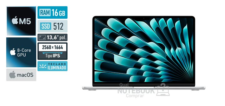 Apple MacBook Air MDH74BZ-A M5 10-Core M5 8-Core GPU macOS RAM 16 GB SSD 512 GB Tela LED 13-6 polegadas 2560 x 1664 px IPS Teclado iluminado Garantia 1 ano