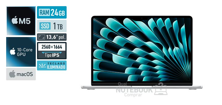 Apple MacBook Air MDH94BZ-A M5 10-Core M5 10-Core GPU macOS RAM 24 GB SSD 1 TB Tela LED 13-6 polegadas 2560 x 1664 px IPS Teclado iluminado Garantia 1 ano