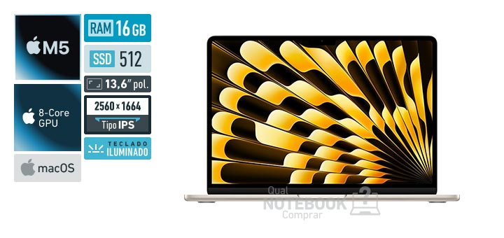 Apple MacBook Air MDHA4BZ-A M5 10-Core M5 10-Core GPU macOS RAM 16 GB SSD 512 GB Tela LED 13-6 polegadas 2560 x 1664 px IPS Teclado iluminado Garantia 1 ano