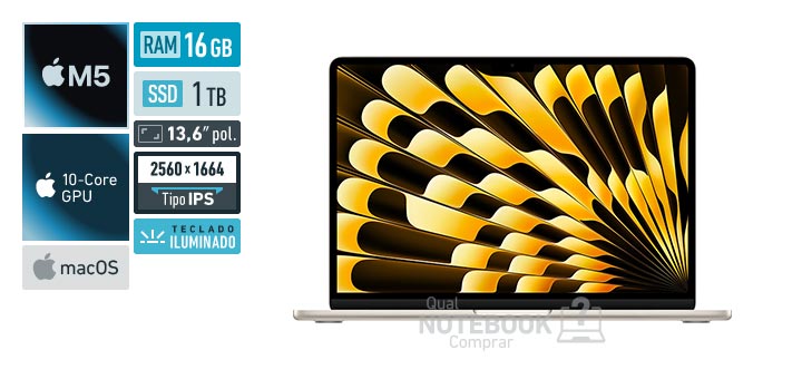 Apple MacBook Air MDHC4BZ-A M5 10-Core M5 10-Core GPU macOS RAM 16 GB SSD 1 TB Tela LED 13-6 polegadas 2560 x 1664 px IPS Teclado iluminado Garantia 1 ano
