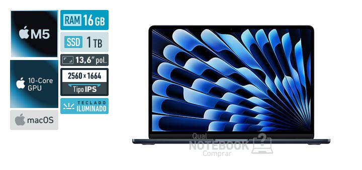 Apple MacBook Air MDHF4BZ-A M5 10-Core M5 10-Core GPU macOS RAM 16 GB SSD 1 TB Tela LED 13-6 polegadas 2560 x 1664 px IPS Teclado iluminado Garantia 1 ano