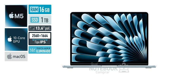 Apple MacBook Air MDHJ4BZ-A M5 10-Core M5 10-Core GPU macOS RAM 16 GB SSD 1 TB Tela LED 13-6 polegadas 2560 x 1664 px IPS Teclado iluminado Garantia 1 ano