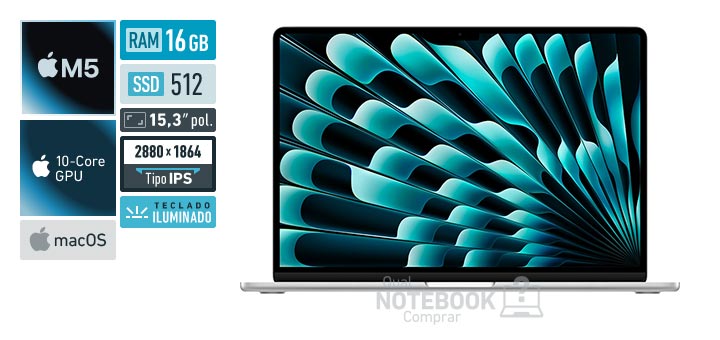 Apple MacBook Air MDV94BZ-A M5 10-Core M5 10-Core GPU macOS RAM 16 GB SSD 512 GB Tela LED 15-3 polegadas 2880 x 1864 px IPS Teclado iluminado Garantia 1 ano