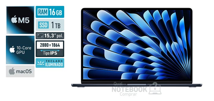 Apple MacBook Air MDVK4BZ-A M5 10-Core M5 10-Core GPU macOS RAM 16 GB SSD 1 TB Tela LED 15-3 polegadas 2880 x 1864 px IPS Teclado iluminado Garantia 1 ano