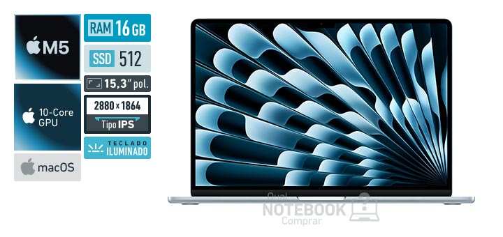 Apple MacBook Air MDVQ4BZ-A M5 10-Core M5 10-Core GPU macOS RAM 16 GB SSD 512 GB Tela LED 15-3 polegadas 2880 x 1864 px IPS Teclado iluminado Garantia 1 ano