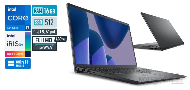 Dell 15 DC15-i71355U-M90 Core i7-1355U 13a geracao Iris Xe Graphics G7 96 EUs Windows 11 Home RAM 16 GB SSD 512 GB Tela LED 15-6 polegadas Full HD WVA 120 Hz Garantia 1 ano