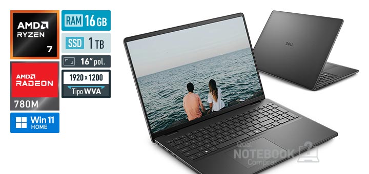 Dell 16 DC16-R7250-M20 Ryzen 7 250 Serie 200 Radeon 780M Windows 11 Home RAM 16 GB SSD 1 TB Tela LED 16 polegadas WUXGA WVA Garantia 1 ano
