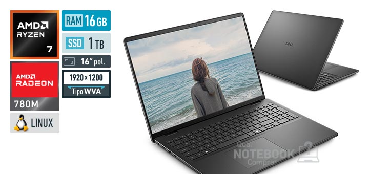 Dell 16 DC16-R7250-U20 Ryzen 7 250 Serie 200 Radeon 780M Linux RAM 16 GB SSD 1 TB Tela LED 16 polegadas WUXGA WVA Garantia 1 ano