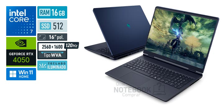 Dell Alienware 16 Aurora AC16-C7240H-A35 Core 7-240H Serie 2 GeForce RTX 4050 Windows 11 Home RAM 16 GB SSD 512 GB Tela LED 16 polegadas 2560 x 1600 px WVA 120 Hz Teclado iluminado