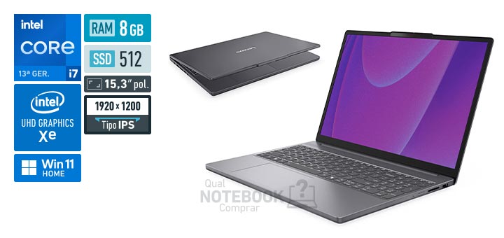 Lenovo IdeaPad Slim 3i 83NS000MBR Core i7-13620H 13a geracao UHD Graphics Xe G4 48 EUs Windows 11 Home RAM 8 GB SSD 512 GB Tela LED 15-3 polegadas WUXGA IPS Garantia 2 anos