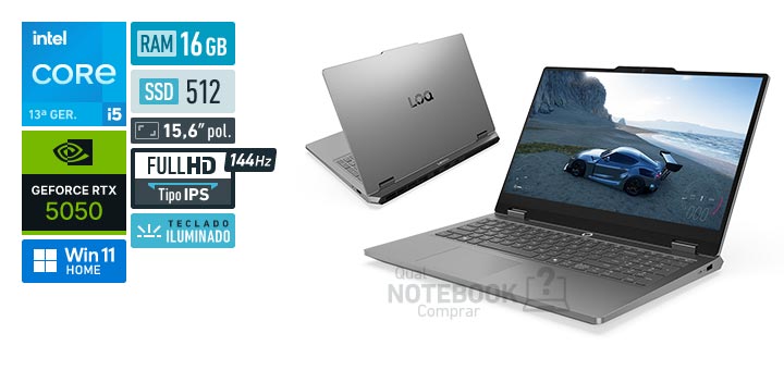 Lenovo LOQ Essential 83UX000ABO Core i5-13450HX 13a geracao GeForce RTX 5050 Windows 11 Home RAM 16 GB SSD 512 GB Tela LED 15-6 polegadas Full HD IPS 144 Hz Teclado iluminado