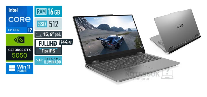 Lenovo LOQ Essential 83UX000BBO Core i7-13650HX 13a geracao GeForce RTX 5050 Windows 11 Home RAM 16 GB SSD 512 GB Tela LED 15-6 polegadas Full HD IPS 144 Hz Teclado iluminado
