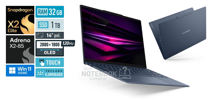 Lenovo Yoga Slim 7 83QR002NBR Snapdragon X2 Elite X2E-80-100 Adreno X2-85 Windows 11 Home RAM 32 GB SSD 1 TB Tela OLED 14 polegadas touch 2880 x 1800 px 120 Hz Teclado iluminado