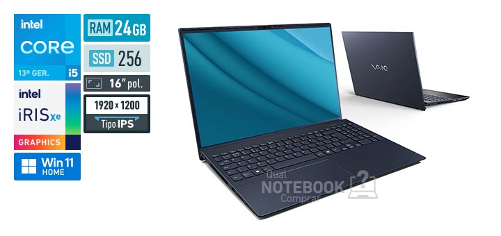 VAIO FE16 VJFE62F11X-B1811H Core i5-1334U 13a geracao Iris Xe Graphics G7 80 EUs Windows 11 Home RAM 24 GB SSD 256 GB Tela LED 16 polegadas WUXGA IPS Garantia 1 ano