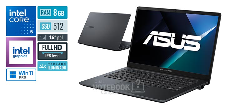 ASUS ExpertBook B1 B1403CVA_BR-S60003X Core 5-120U Serie 1 Graphics 80 EUs Windows 11 Pro RAM 8 GB SSD 512 GB Tela LED 14 polegadas Full HD IPS-level Teclado iluminado Garantia 1 ano