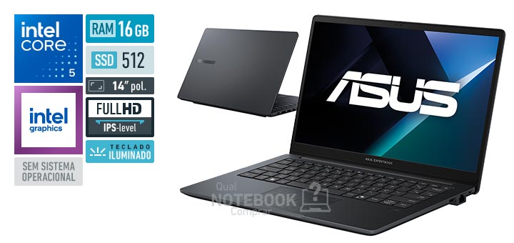 ASUS ExpertBook B1 B1403CVA_BR-S60004 Core 5-120U Serie 1 Graphics 80 EUs Sem sistema operacional RAM 16 GB SSD 512 GB Tela LED 14 polegadas Full HD IPS-level Teclado iluminado