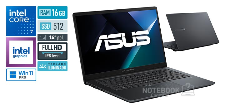 ASUS ExpertBook B1 B1403CVA_BR-S60005X Core 7-150U Serie 1 Graphics 96 EUs Windows 11 Pro RAM 16 GB SSD 512 GB Tela LED 14 polegadas Full HD IPS-level Teclado iluminado Garantia 1 ano