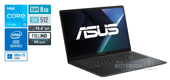 ASUS ExpertBook B1 B1503CVA_BR-S70003X Core i3-1315U 13a geracao UHD Graphics 64 EUs Windows 11 Pro RAM 8 GB SSD 512 GB Tela LED 15-6 polegadas Full HD IPS-level Garantia 1 ano