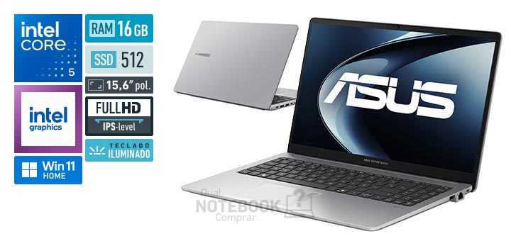 ASUS ExpertBook P1 P1503CVA_BR-S70003W Core 5-210H Serie 2 Graphics 48 EUs Windows 11 Home RAM 16 GB SSD 512 GB Tela LED 15-6 polegadas Full HD IPS-level Teclado iluminado