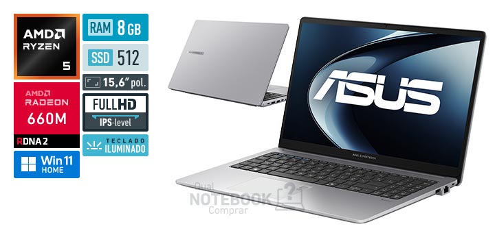 ASUS ExpertBook P1 PM1503CDA_BR-S70001W Ryzen 5 150 Serie 100 Radeon 660M Windows 11 Home RAM 8 GB SSD 512 GB Tela LED 15-6 polegadas Full HD IPS-level Teclado iluminado Garantia 1 ano
