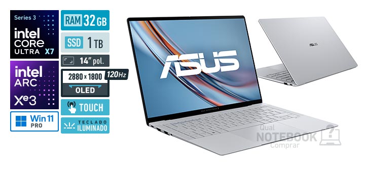 ASUS ExpertBook Ultra B9406CAA-TH0987X Core Ultra X7-358H Serie 3 Arc Graphics B390 Windows 11 Pro RAM 32 GB SSD 1 TB Tela OLED 14 polegadas touch 2880 x 1800 px 120 Hz Teclado iluminado
