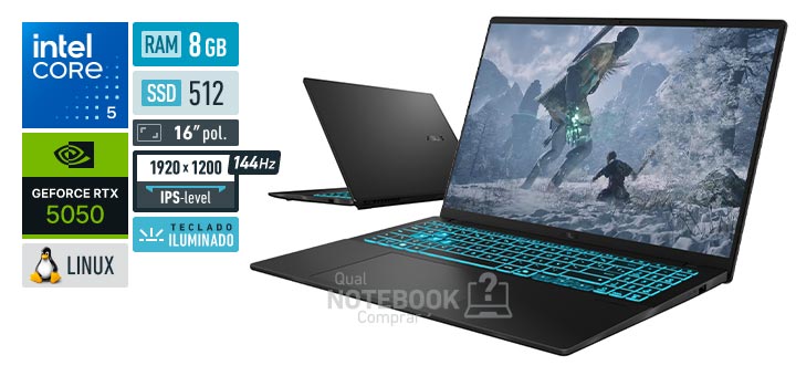 ASUS Gaming V16 V3607VH-RP213 Core 5-210H Serie 2 GeForce RTX 5050 Linux RAM 8 GB SSD 512 GB Tela LED 16 polegadas WUXGA IPS-level 144 Hz Teclado iluminado Garantia 1 ano
