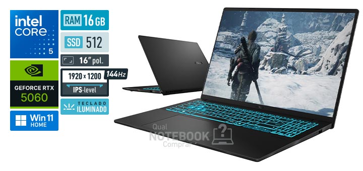 ASUS Gaming V16 V3607VM-RP138W Core 5-210H Serie 2 GeForce RTX 5060 Windows 11 Home RAM 16 GB SSD 512 GB Tela LED 16 polegadas WUXGA IPS-level 144 Hz Teclado iluminado Garantia 1 ano