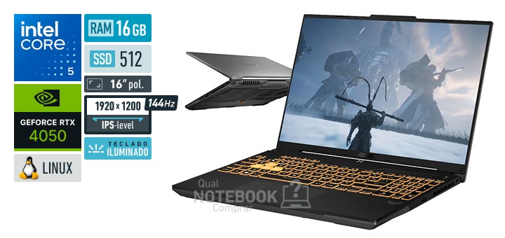 ASUS TUF Gaming F16 FX607VU-RL385 Core 5-210H Serie 2 GeForce RTX 4050 Linux RAM 16 GB SSD 512 GB Tela LED 16 polegadas WUXGA IPS-level 144 Hz Teclado iluminado Garantia 1 ano