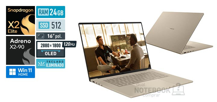 ASUS ZenBook A16 UX3607OA-SQ130W Snapdragon X2 Elite Extreme X2E-94-100 Adreno X2-90 Windows 11 Home RAM 24 GB SSD 512 GB Tela OLED 16 polegadas 2880 x 1800 px 120 Hz Teclado iluminado